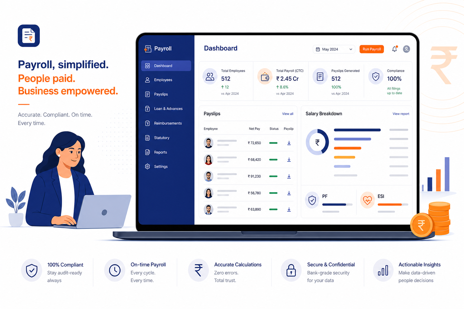 Payroll inputs in Saptta HRMS with attendance, leave, and statutory deductions ready before salary processing