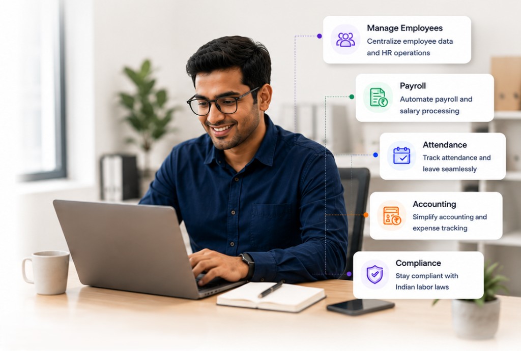 Saptta HRMS and Finance dashboard showing payroll processing and GST invoice management for an Indian SMB