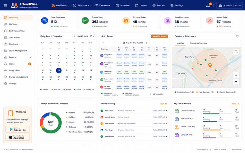 Saptta HRMS attendance dashboard showing daily check-ins, late marks, and leave requests in one view
