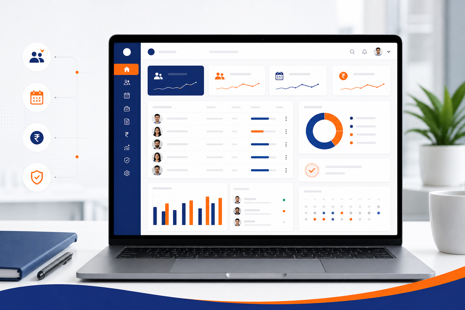 Saptta HRMS dashboard showing employee attendance, leave requests, employee records, and payroll inputs for an Indian SMB