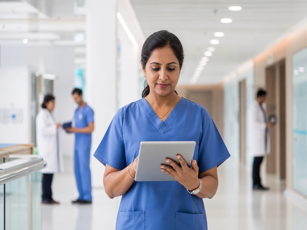 Healthcare administrator reviewing shift rosters on tablet in clinic