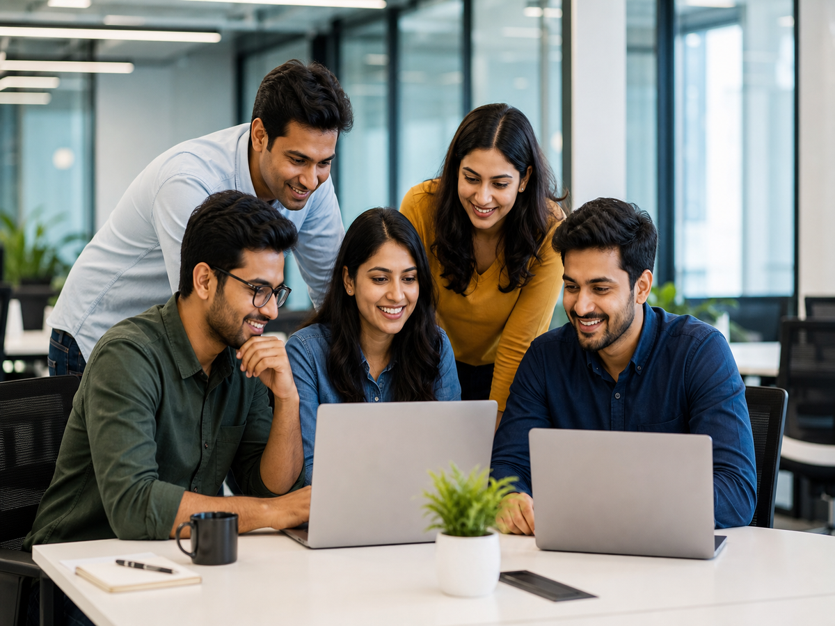 Software developers collaborating in a modern tech office