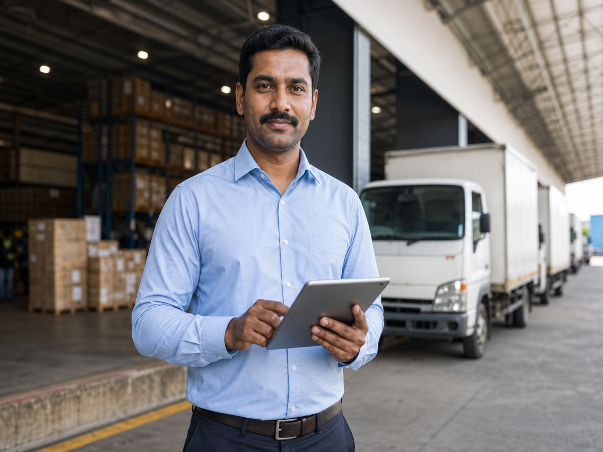 Logistics fleet manager reviewing operations at warehouse loading dock