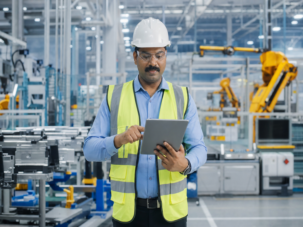 Factory floor supervisor reviewing production data on tablet