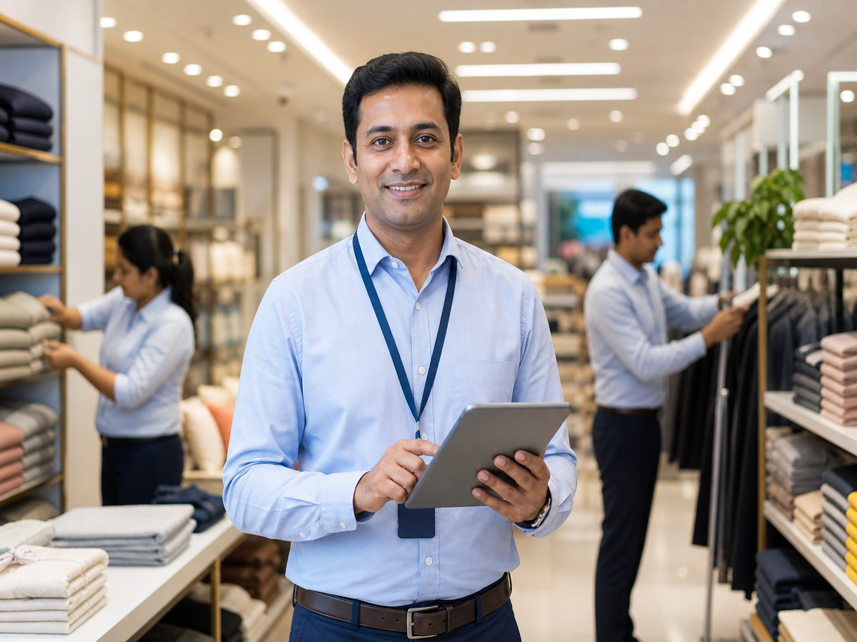 Retail store manager reviewing staff schedules on tablet
