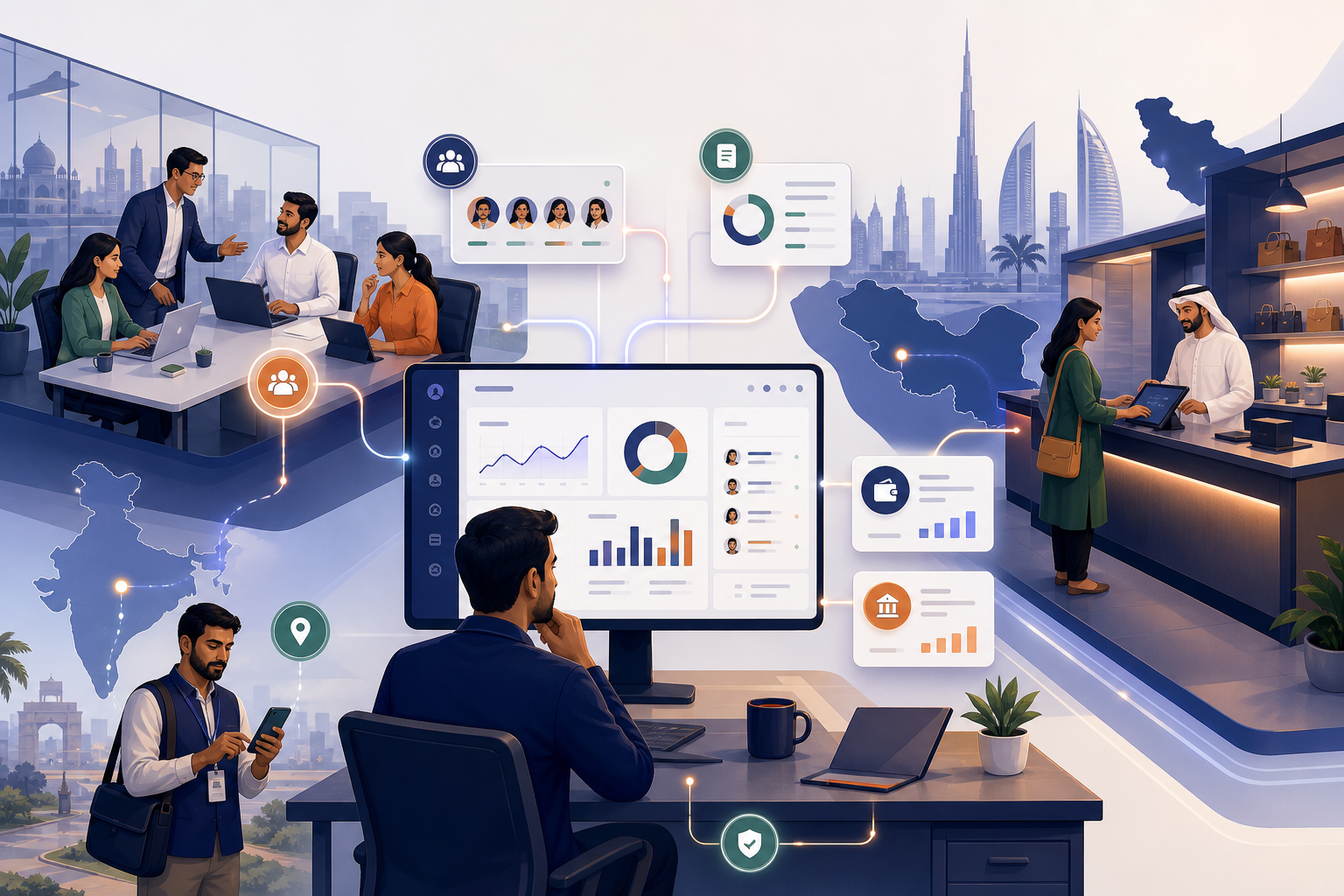 Teams across offices, retail branches and field operations connected through one HR and finance platform
